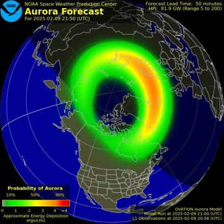 Modelo de pronóstico de auroras boreales Ovation - hemisferio norte. Mapa que muestra la probabilidad de auroras boreales.