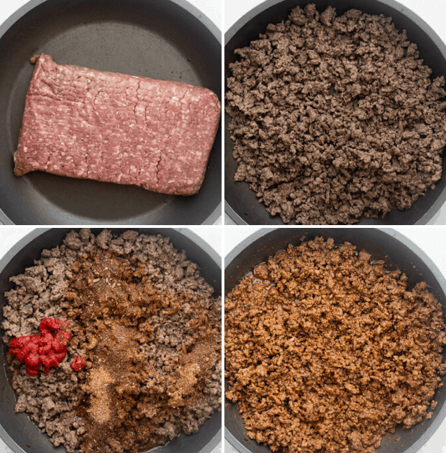 Thịt bò xay được xào chín vàng đều, thơm phức, sẵn sàng để làm nhân bánh taco