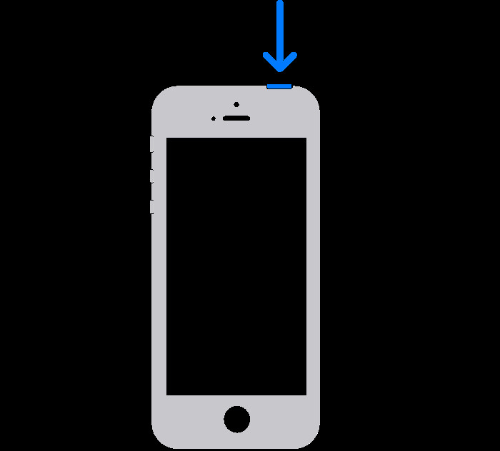 Hình ảnh minh họa thao tác nhấn giữ nút nguồn trên đỉnh iPhone SE (thế hệ 1), 5 và các dòng cũ hơn để hiển thị thanh trượt tắt nguồn