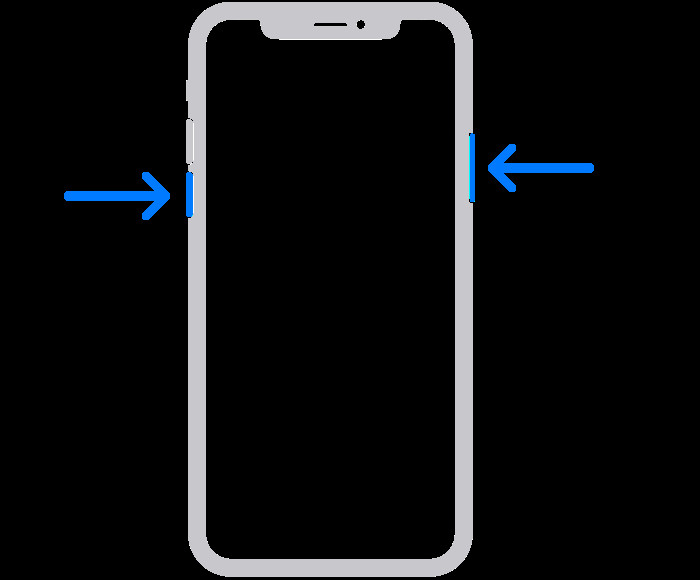 Hình ảnh minh họa thao tác nhấn giữ nút tăng/giảm âm lượng và nút nguồn trên iPhone X trở lên để hiển thị thanh trượt tắt nguồn
