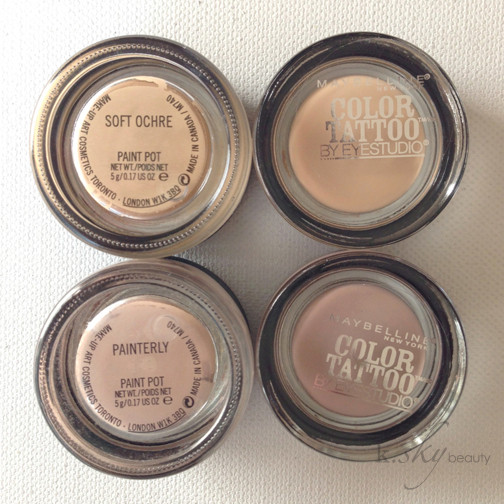 So sánh Maybelline Color Tattoos Just Beige và Nude Pink với MAC Pro Longwear Paint Pots Soft Ochre và Painterly