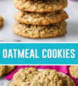 two image collage of oatmeal cookies, top image of four cookies stacked, bottom image of cookies on plate